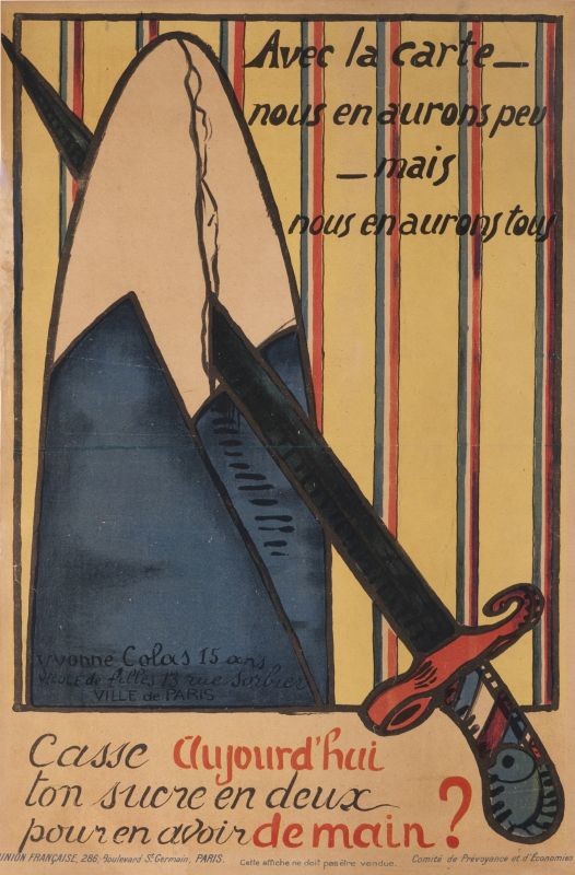 A sword cuts a sugar loaf in half; yellow, blue, red