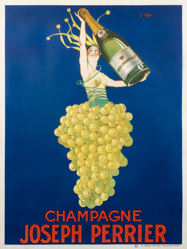 Woman in jester's crown and grape dress holding up bottle of champagne; deep blue, yellow, green