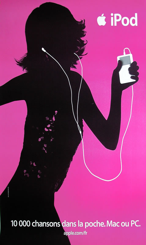 Silhouette of dancing woman in sequined top and skirt with white iPod and headphones; pink