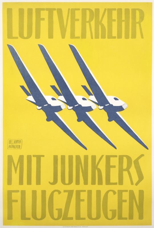 Three Junkers airplanes in formation; yellow, blue